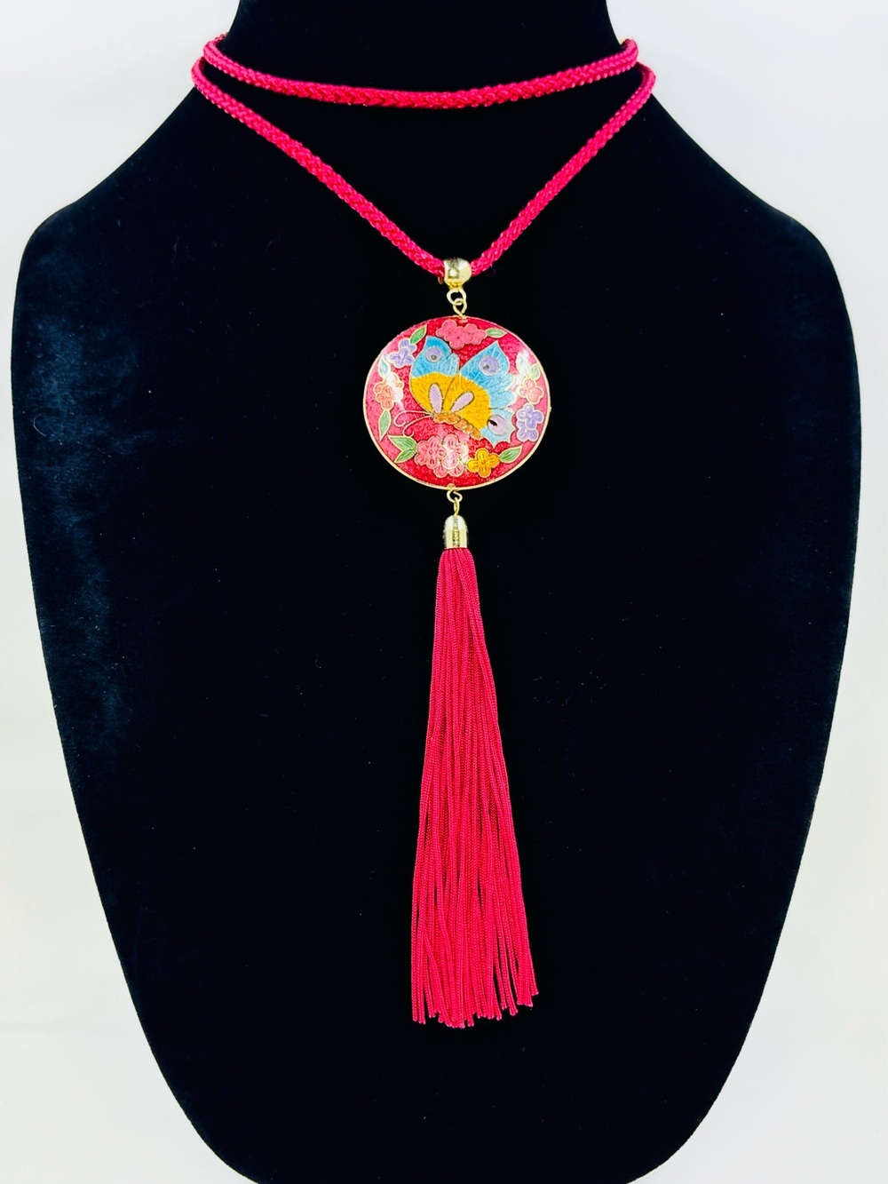 Vintage Red Floral Butterfly Cloisonné Medallion Tassel Necklace on 30” Cord